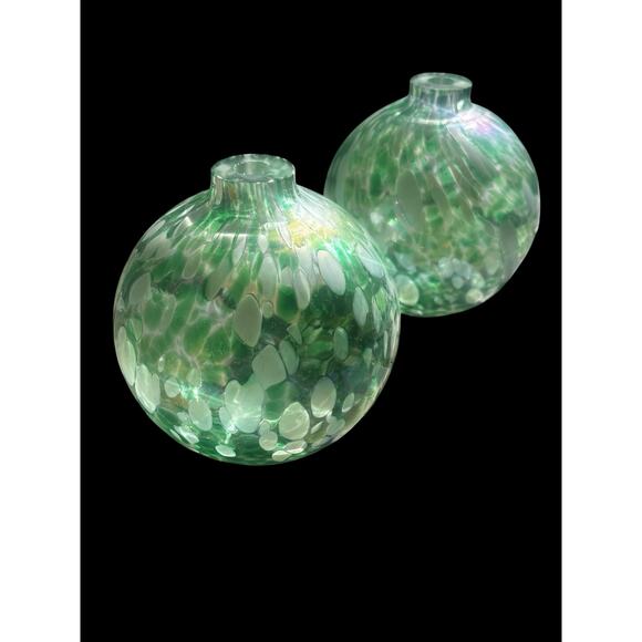 Pottery Barn Pair of Art Glass Globes Green Iridescent  Swirl Oil Lamp No Wick - Picture 6 of 8